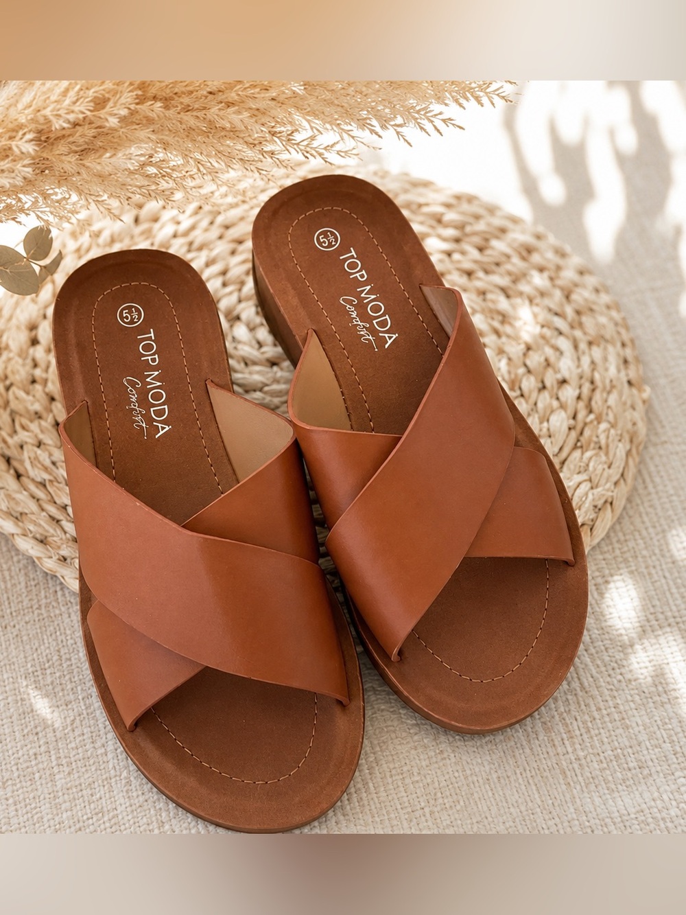 TOP Moda Tan Cross-Strap Slide Sandals